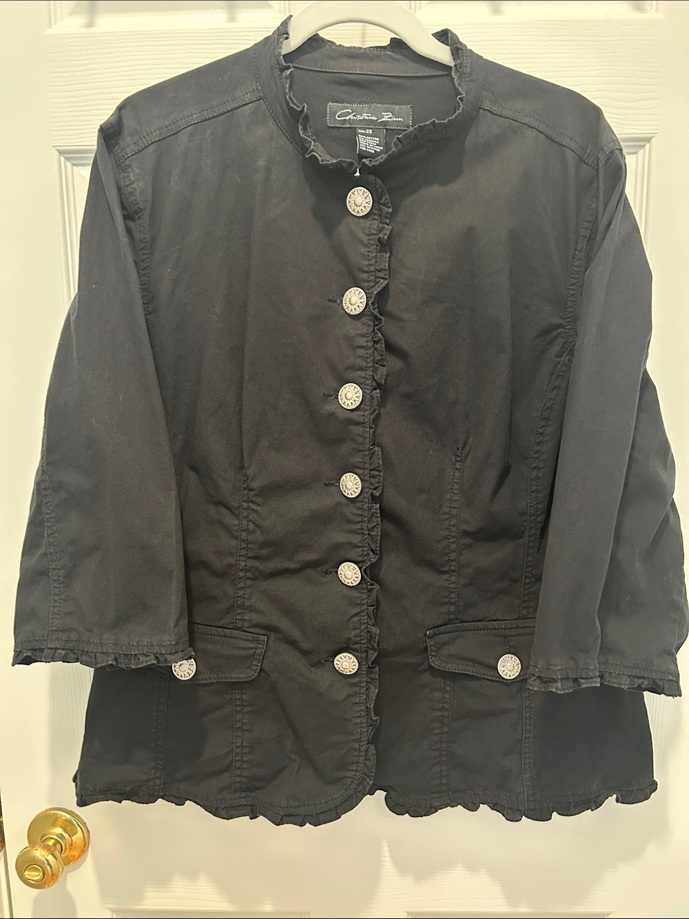 Black Ruffle-Trim Button Jacket